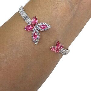 Pink Butterfly Cuff Bracelet Cubic Zirconia Bling 2-Row Stones